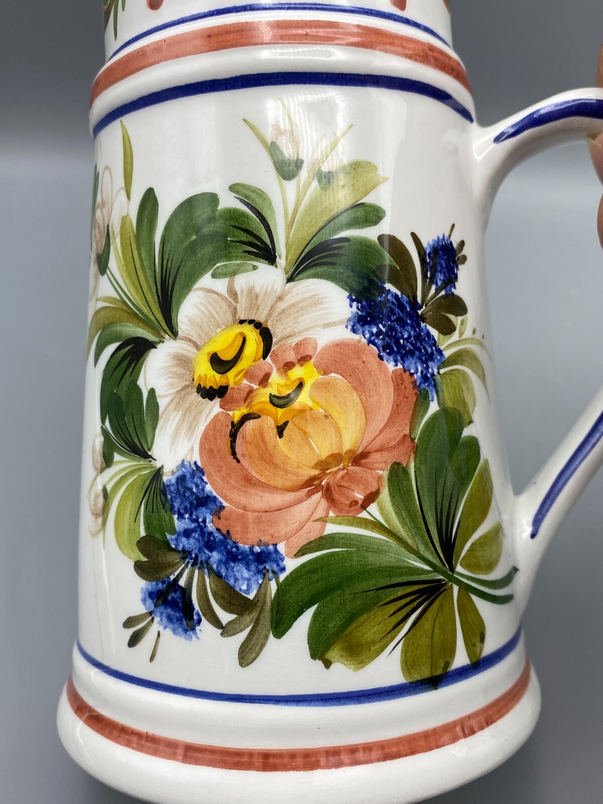 Floral Polychrome Hand Painted Pitcher Jug Flower Pot 7.25"