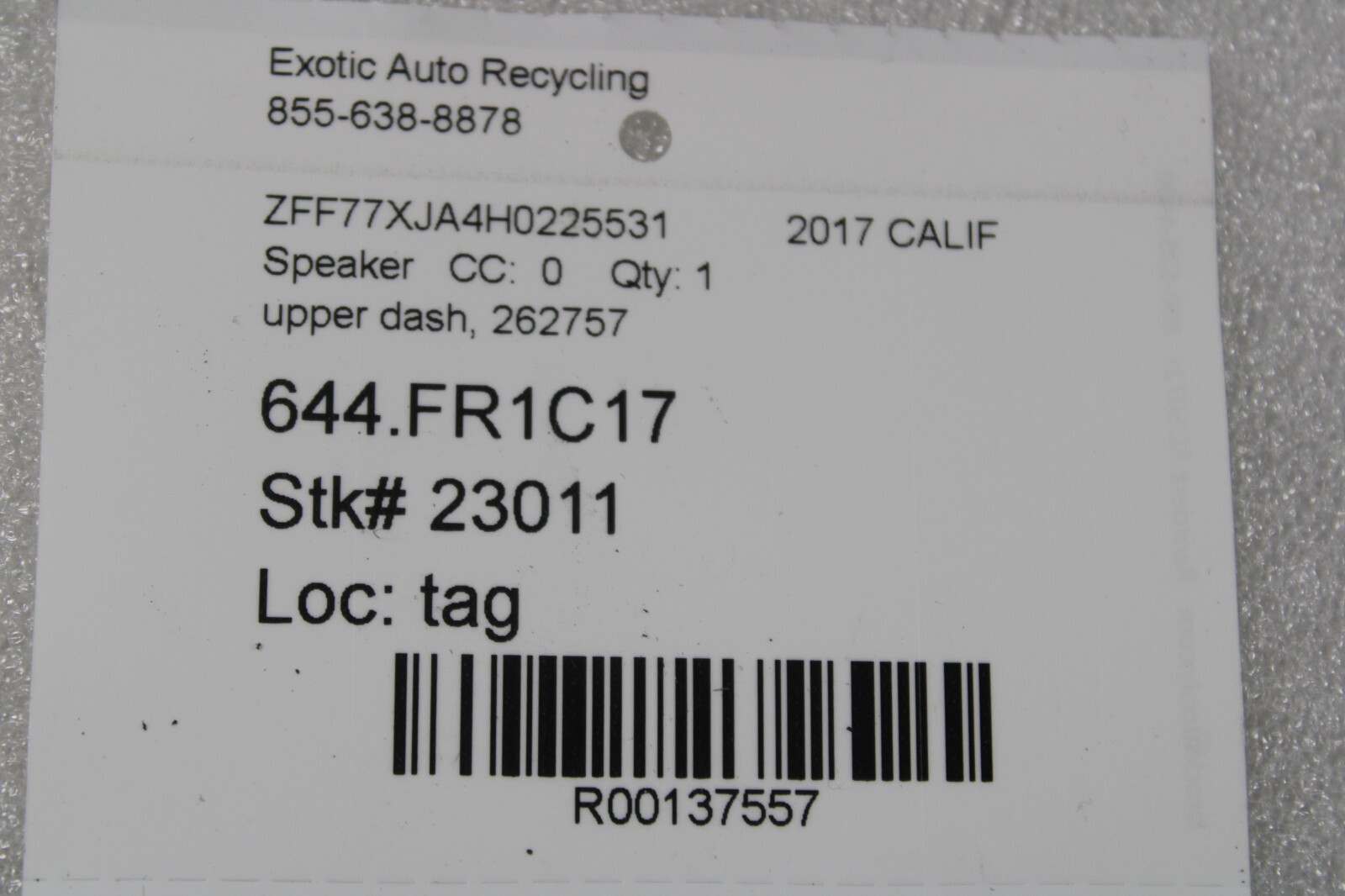Ferrari 488, California T, FF, Dash Speaker, HI FI Version, Used, P/N 262757