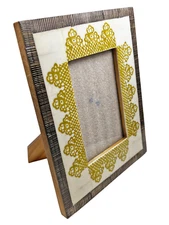 Argento SC Picture Frame Inlaid Wood & Bone with a Yellow Batik Print 9.5"