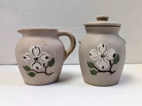 Vintage Pigeon Forge Pottery - Tennessee, Dogwood on Grey Sugar & Creamer Set