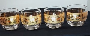 Vintage Culver Glass Set 4 Florentine Roly Poly Barware 22k Gold Fruit
