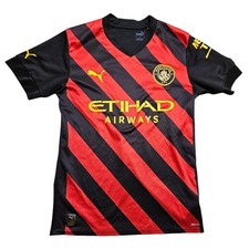 Camiseta de fútbol Puma Manchester City 2022-23 visitante pequeña roja negra a rayas