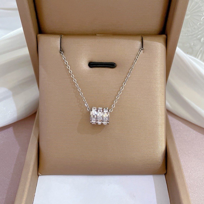 Silver Tone Cable Chain Necklace Clear Crystal Barrel Cylinder Pendant