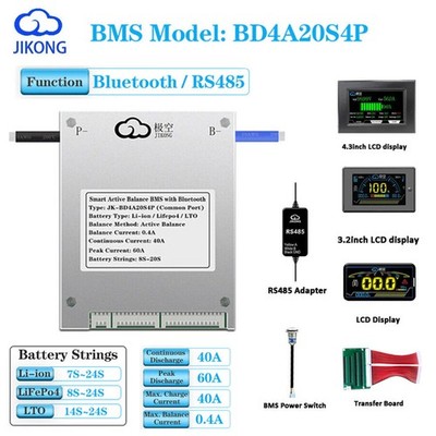 JK Smart BMS 8S-20S 40A LiFePo4 Li ion Battery 0.4A Active Balance BMS Board AEU