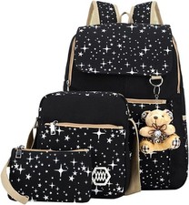 Star Print Girls Black Backpacks Set for School, School Bags A-black