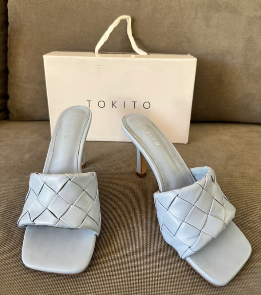 Tokito Georgie Blue Woven Square Toe Stiletto Mule Heels AU 6