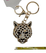 Leopard Head Bag Charm Key Chain Gold Black Animal Print Metal Rhinestone