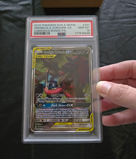 Pokemon TCG 2019 Unbroken Bonds Greninja & Zoroark GX #201 Full Art PSA 10