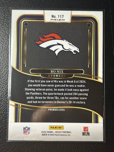 2024 Select Premier Level Red & Blue Shock Prizm Bo Nix #117 (RC) Denver Broncos - Picture 2 of 2