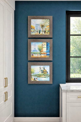 Paris street scene painting set of 3 artworks. Acrylic on canvas. Framed.