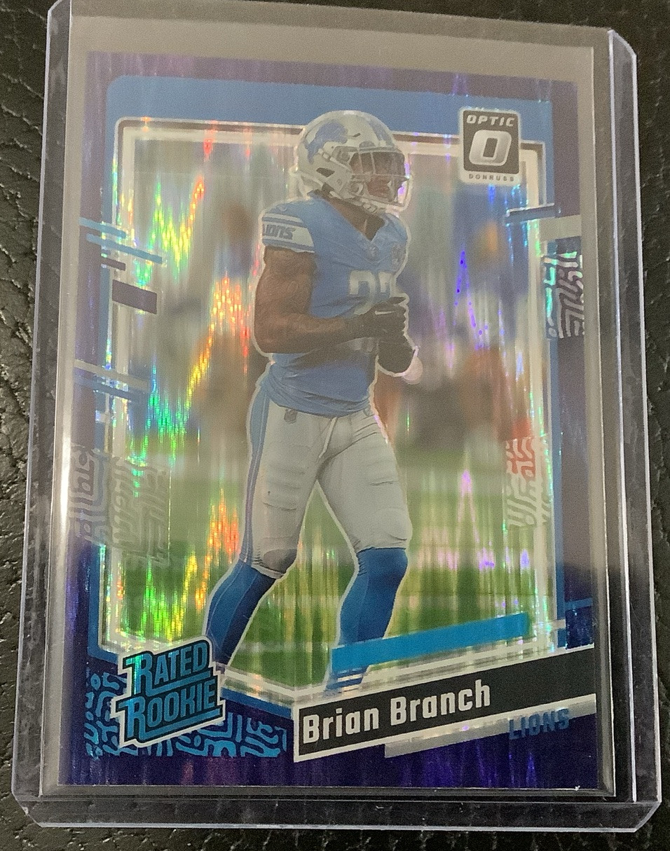 🔥 Brian Branch Rated Rookie Purple Shock 2023 Panini Donruss Optic  Lions🍀