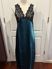 Women Lingerie Satin Nightgown Slip V Neck lace Blue Teal Thin  Sz L (52"x19")