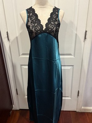 Women Lingerie Satin Nightgown Slip V Neck lace Blue Teal Thin  Sz XL (52''x21'')