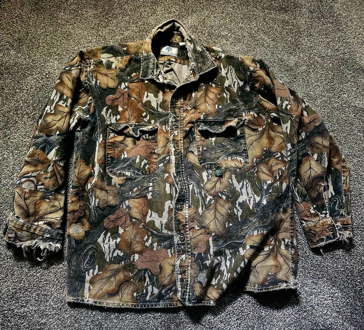 9090 Original Camo S/S Game Shirt XL かも柄 Vintage Mossy Oak Men's XL Camo Chamois Flannel Shirt Fall Foliage