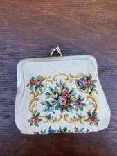 Vintage Floral Needlepoint Tapestry Coin Purse Bag Kiss Clasp Tan Gold 4x3  D8
