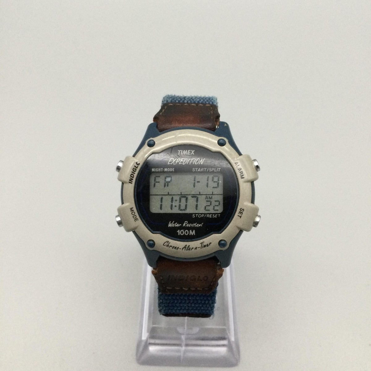 Vintage Timex Expedition Mens Watch 33mm Blue Chrono Alarm Indiglo 