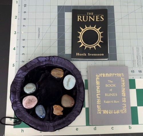 BOOK OF RUNES (1993 Blum) + 1995 Svensson + polished engraved stones w bag #RPG