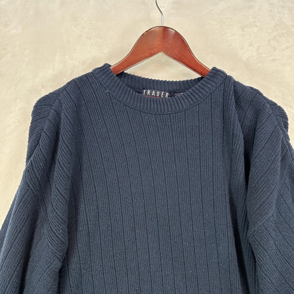 Vintage Trader Bay Sweater Mens LT Navy Blue 100% Cotton Ribbed Knit Made USA - Image 2 of 4