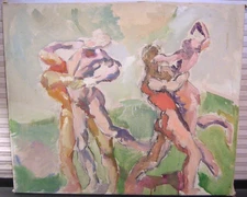 Vtg Modernist Expressionist Dancing Nude Figures Men Oil Painting