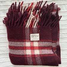 Horner Mills 100% Wool Blanket 48” x 50” Burgundy Red Plaid Eaton Rapids, MI VTG