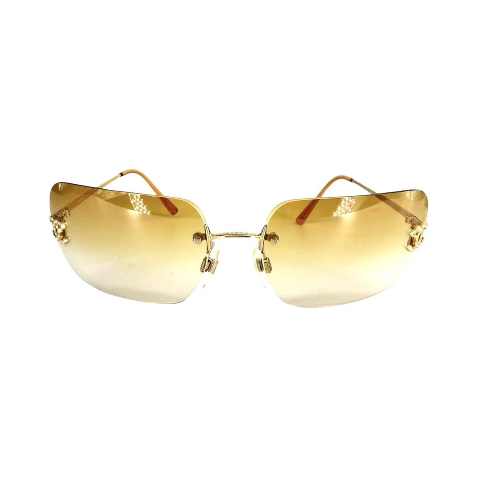 CHANEL CC Logo Brown and Gold Rimless Sunglasses - Image 2 of 4