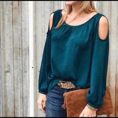 CAbi #3504 Fetching Cold Shoulder Blouse In Teal Green Womens Size L