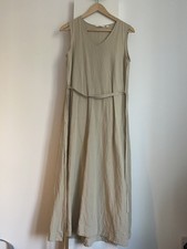 Uniqlo Women Dress Midi Linen Blend V-Neck Beige Size S Belted Sleeveless