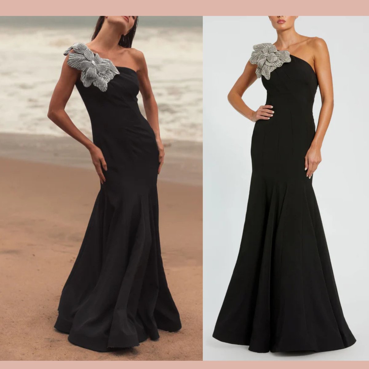 （US発）Mac Duggal ワンショルダー フローラル刺繍ガウン Black Crepe One Shoulder Gown With Crystal Flower - Mac Duggal