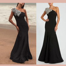 NWT MAC DUGGAL 14 11810 Crepe One Shoulder Gown With Flower Black J1061