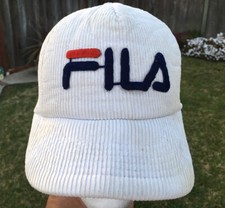 Vintage Embroidered White Corduroy Snapback FILA Hat GUC Read