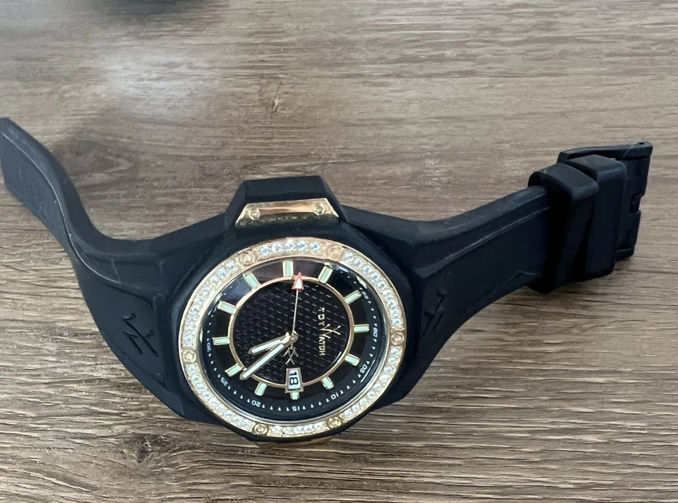 ToyWatch-Toy Reloj Pulsera Hombre Diseñador Fuerte Piedras Negro y Dorado Foto 4 de 4