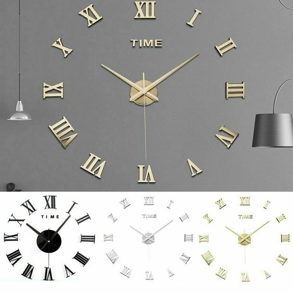 Modern Large Wall Clock 3D Mirror Sticker Unique Number Watch DIY Decor Home USA - Image 2 of 4