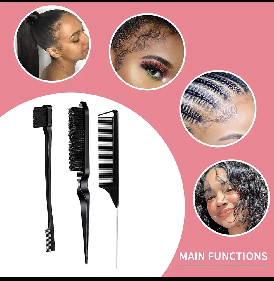 Набор из 3 расчесок для укладки волос щетка для дразнения волос крыса хвост расческа края (розовый, черный) - Изображение 4 из 4