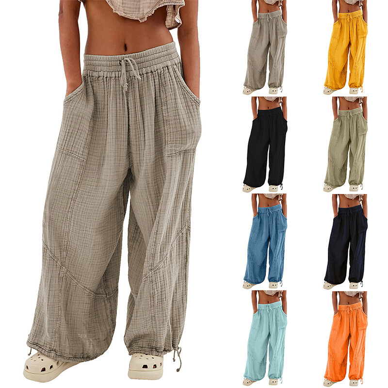 Women Baggy Pants Wide Leg Elastic Waist Drawstring Crumpled