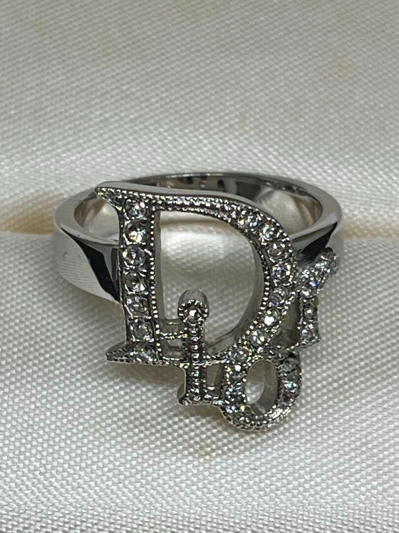 Christian Dior Silver Logo Ring Size 9 Vintage Rhinestone Brand
