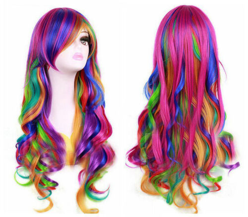 Multi-Color Rainbow Long Wavy Curly Women Lady Cosplay Party Anime Hair Wig  +Cap | eBay