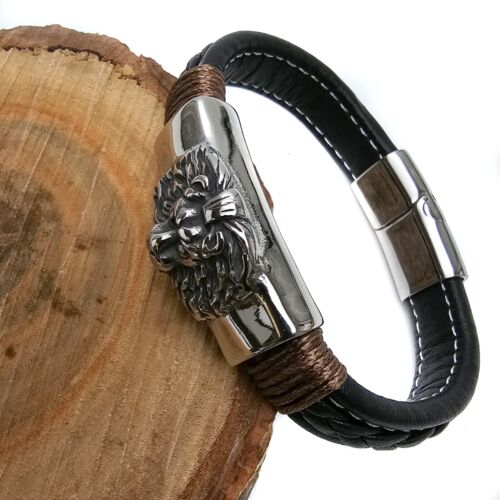 Lederarmband für Herren | flaches Armband mit Löwe | Magnetverschluss | Schwarz - Bild 3 von 9