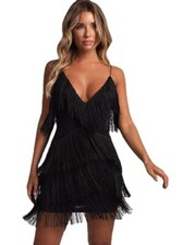 Women Sexy Deep V-Neck Spaghetti Straps Fringe Bodycon Dress Latin Club Dresses