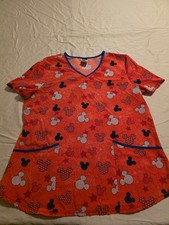 Disney Women  s Red V-Neck Mickey Mouse Scrub Top Size Large