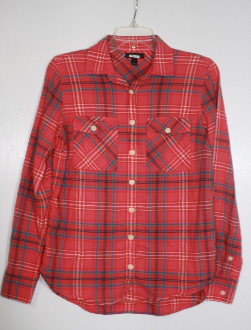 J Crew Flannel Shirt Lightweight Red Plaid Long Sleeve Button Women Size 2