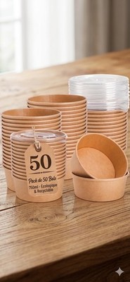 50 Stück 750ml Kraftpapier Schüsseln mit Deckel, Auslaufsichere Behälter zum Mitnehmen