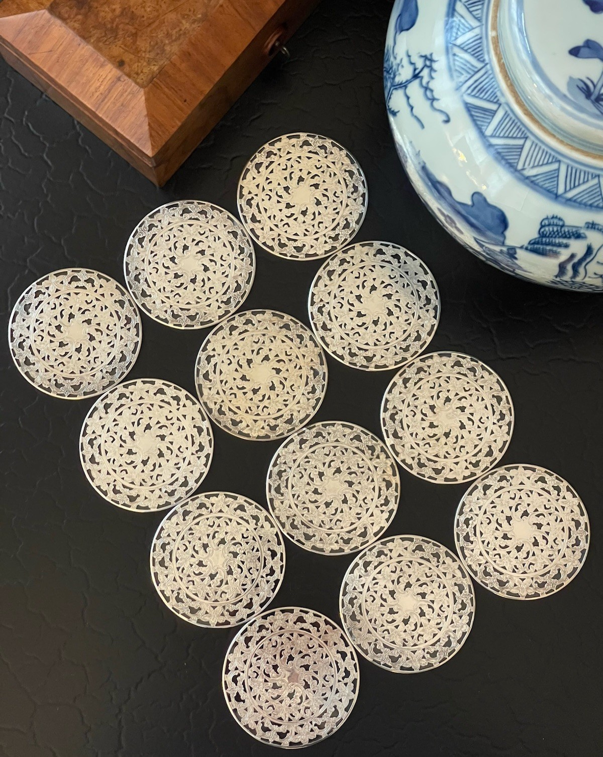 12 Rare Antique Webster Sterling Silver Over Glass Coasters 3