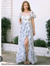 Storia Small Blue Floral Puff Sleeve Maxi Dress Romantic Cottage Slit Ruffles