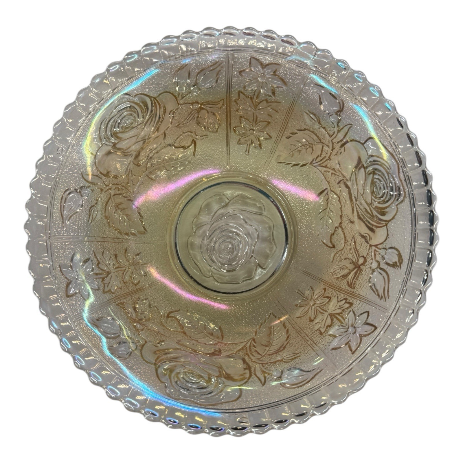 Vintage Carnival Glass Open Rose Amber Iridescent Bowl 8 Inch