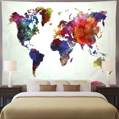 Watercolor World Map Tapestry Educational Geography Tapestries Colorful Paint...