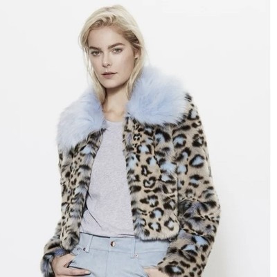 Unreal Fur Leopard Print Blue Trim faux Fur Jacket Small new without tags
