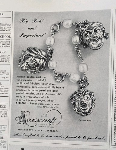 1954 Accessocraft Charm Bracelet Gold Masks Vintage Jewelry ad