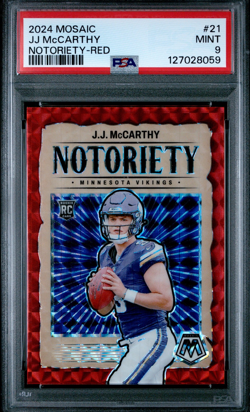 2024 Panini Mosaic #21 J.J. McCarthy Notoriety Mosaic Red PSA 9 Vikings