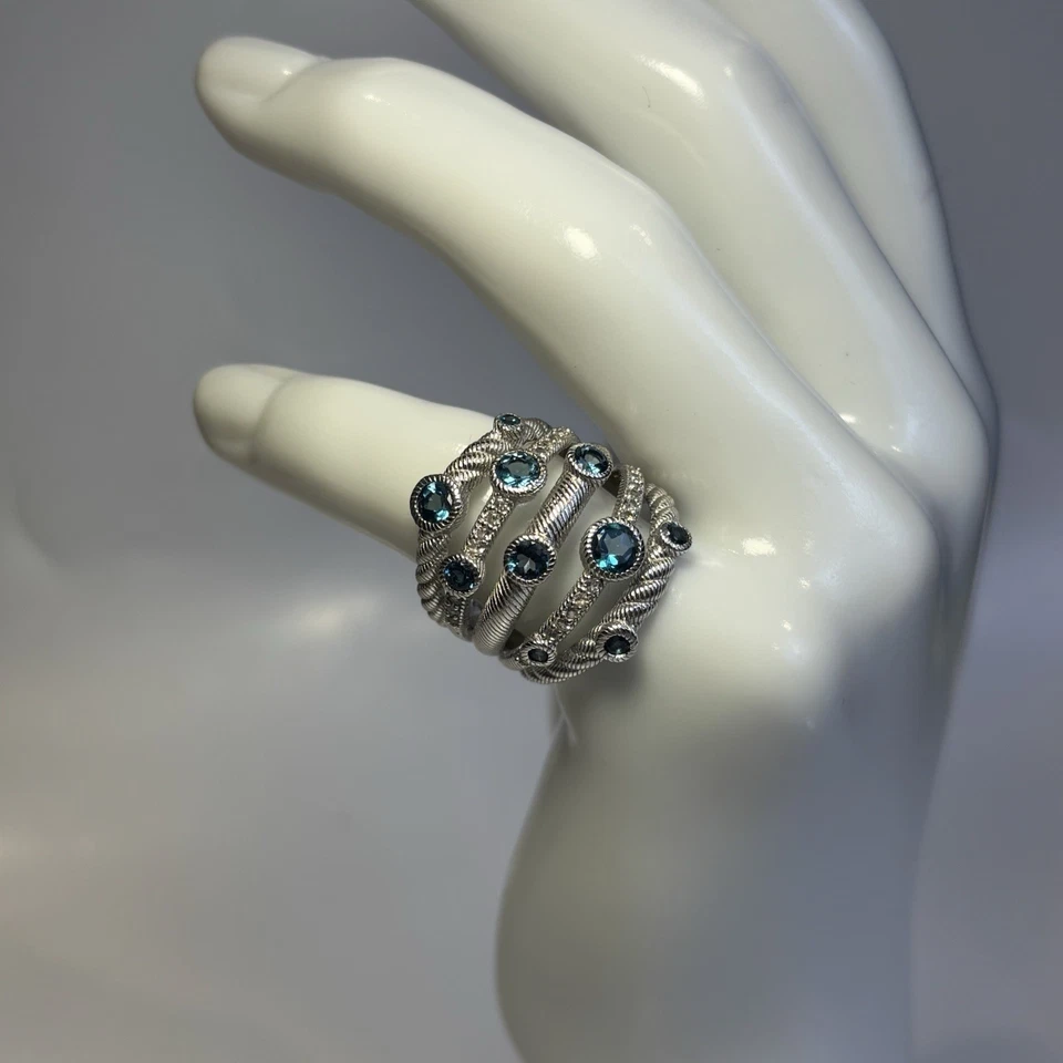 Judith Ripka Sterling Silver & Blue Topaz Multi-Row Cocktail Ring Size 6.5 8.4g - Image 2 of 4