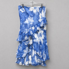 Lauren Ralph Lauren Skirt Sz M Blue Silk Ruffle Midi Watercolor Preppy Old Money